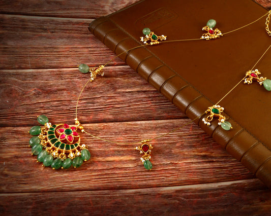 NK-103 - Moon Jadau Kundan Necklace with Red Stone and Emerald