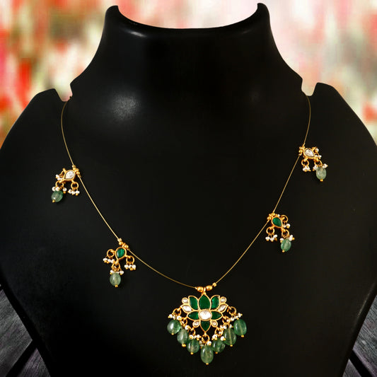 NK-111 - Green Lotus Jadau Kundan Necklace with Emerald