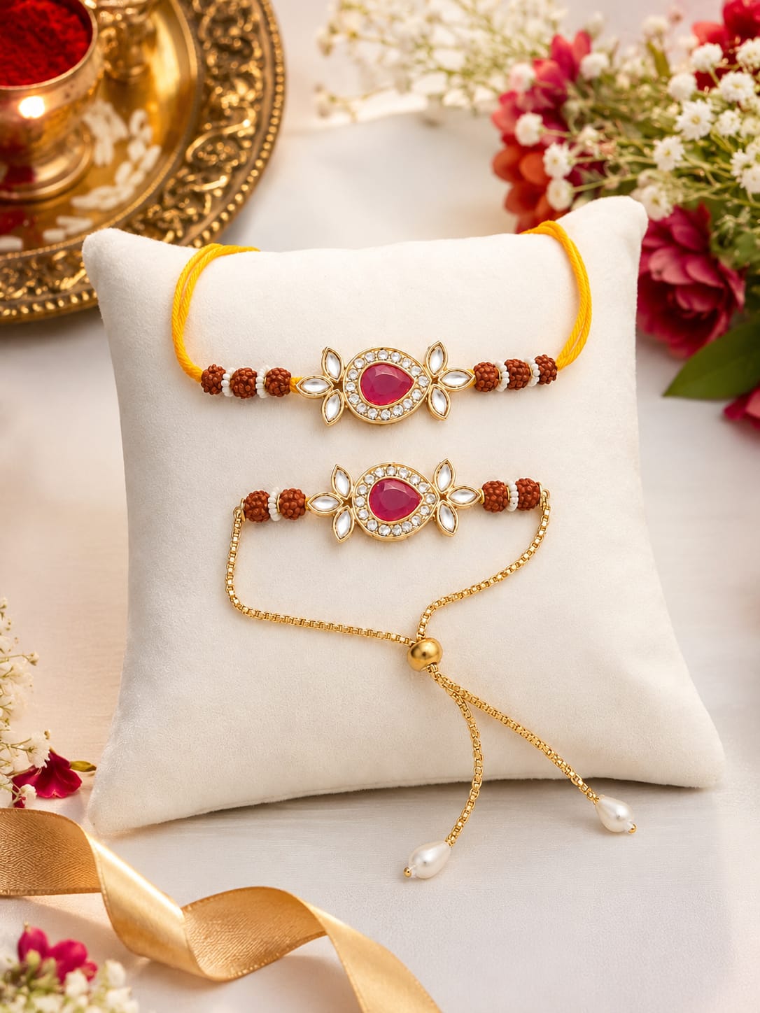 Designer Bhaiya Bhabhi Rakhi Set with Kundan-RK-101