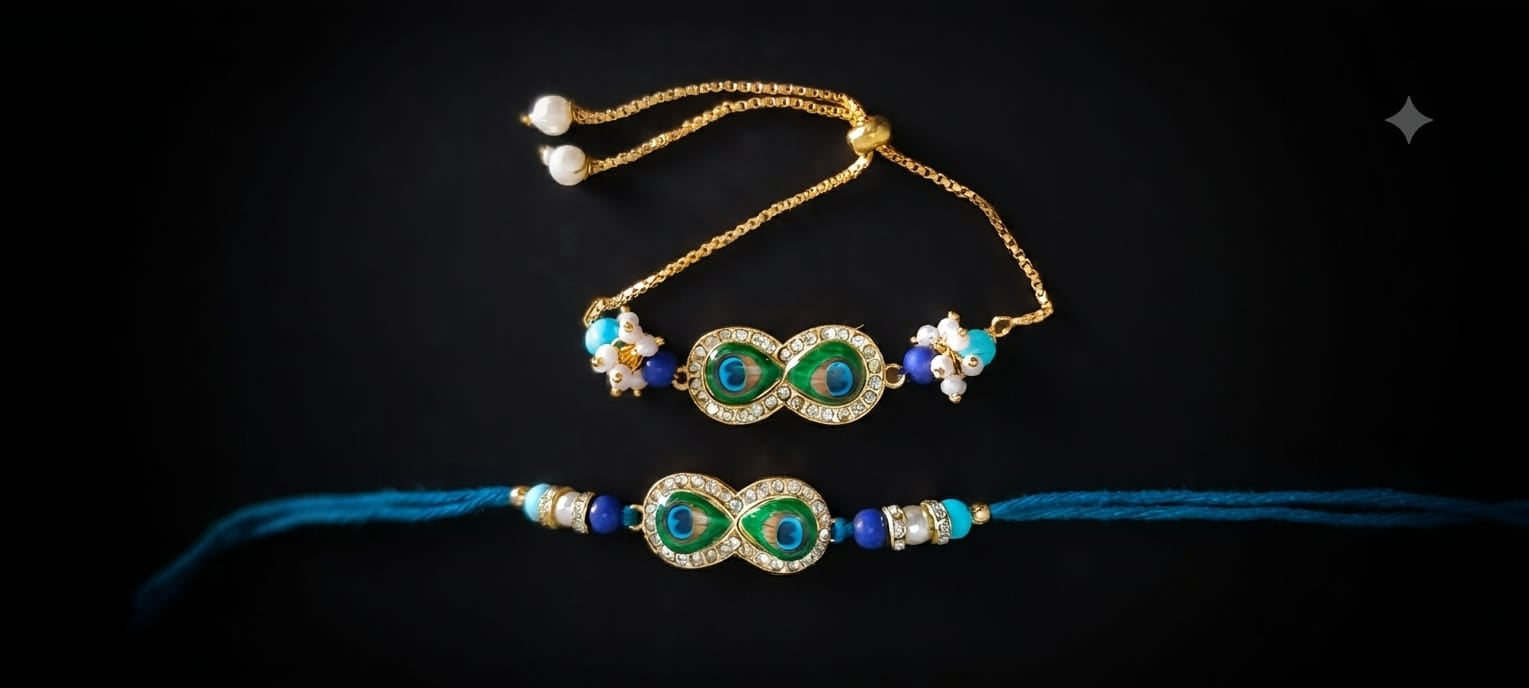 Peacock Bhaiya Bhabhi Rakhi Set with Kundan RK-102