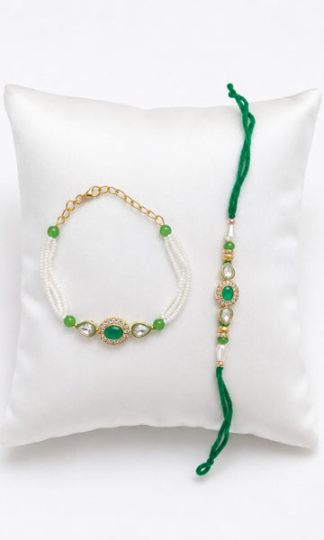 Green Pearl Bhaiya Bhabhi Rakhi Set with Kundan RK-105