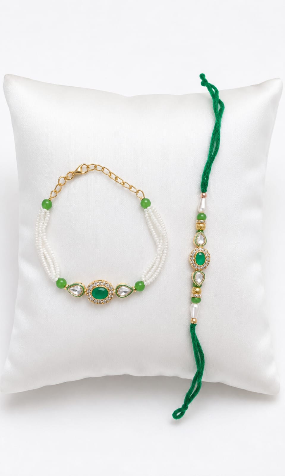 Green Pearl Bhaiya Bhabhi Rakhi Set with Kundan RK-105