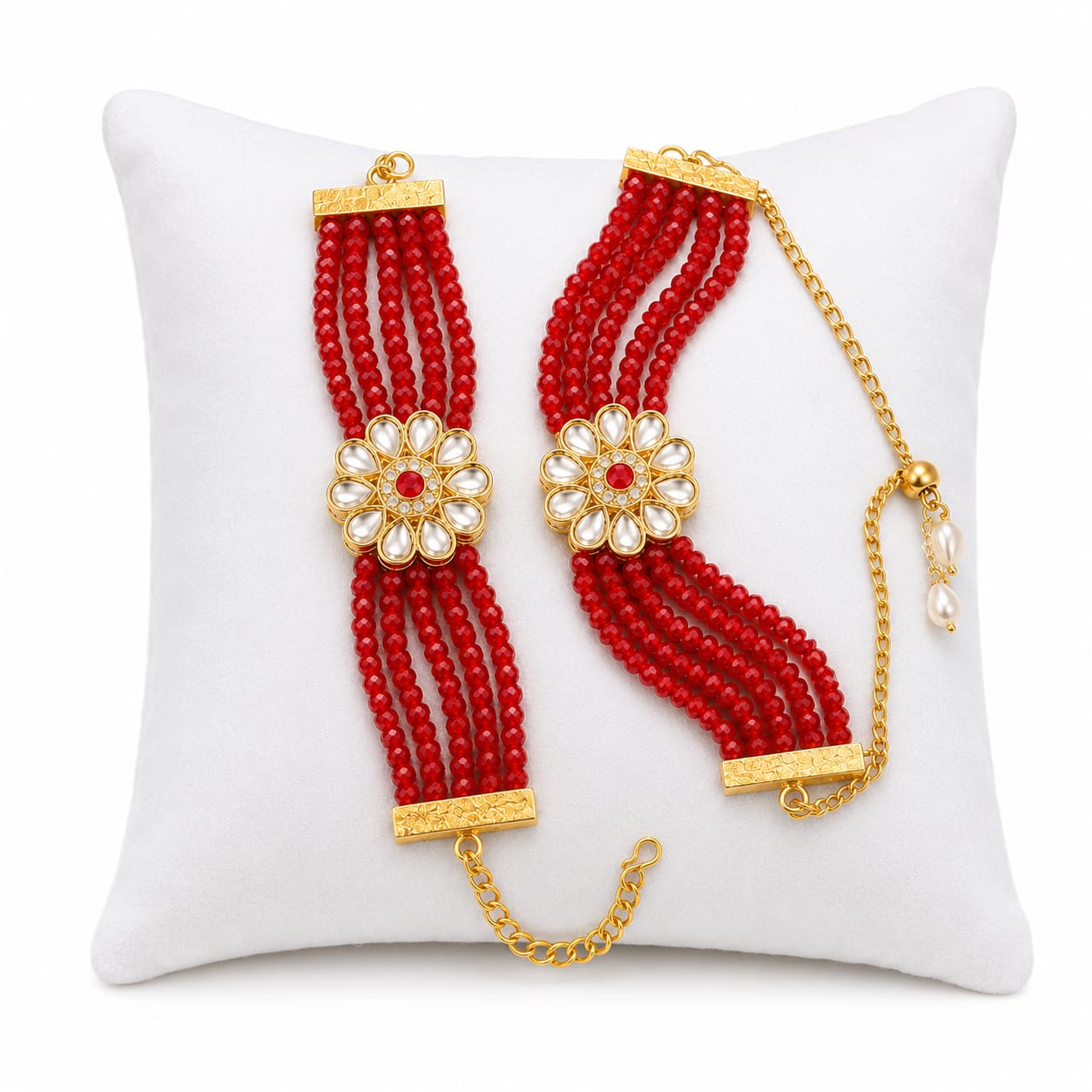 Red Pearl Bhaiya Bhabhi Rakhi Set with Kundan RK-107