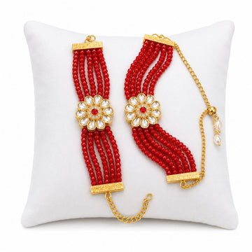 Red Pearl Bhaiya Bhabhi Rakhi Set with Kundan RK-107