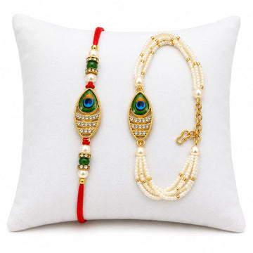 Peacock Pearl Bhaiya Bhabhi Rakhi Set Gold RK-109