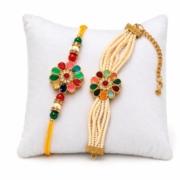 Multicolor Bhaiya Bhabhi Rakhi Set with Pearls  RK-114