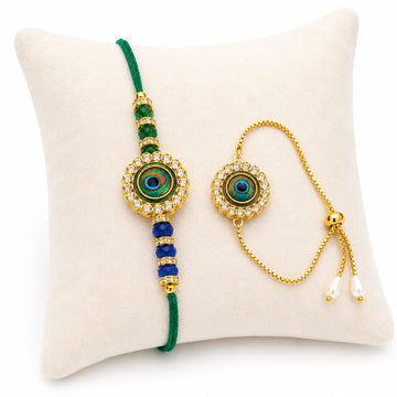 Peacock Feather Designer Rakhi & Pearl Bracelet Set RK-115