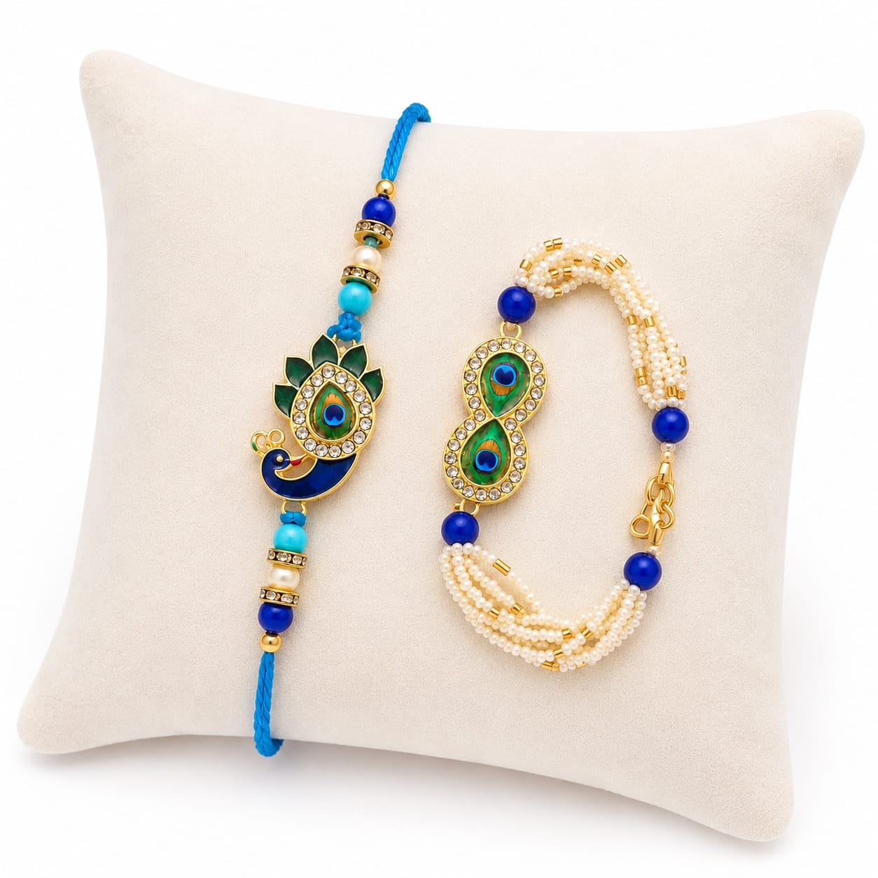 Peacock Feather Designer Rakhi & Pearl Bracelet Set RK-117