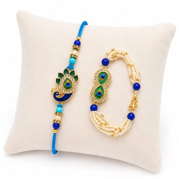 Peacock Feather Designer Rakhi & Pearl Bracelet Set RK-117