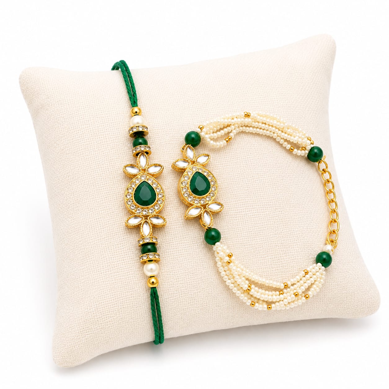Green Stone Pearl Rakhi & Bracelet Gift Set for Bro RK-118