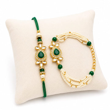 Green Stone Pearl Rakhi & Bracelet Gift Set for Bro RK-118