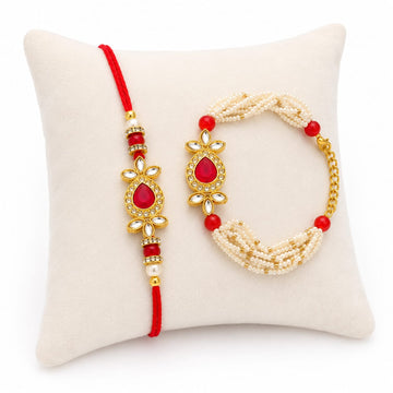 Elegant Pearl Rakhi & Lumba Set for Bhai Bhabhi RK-122