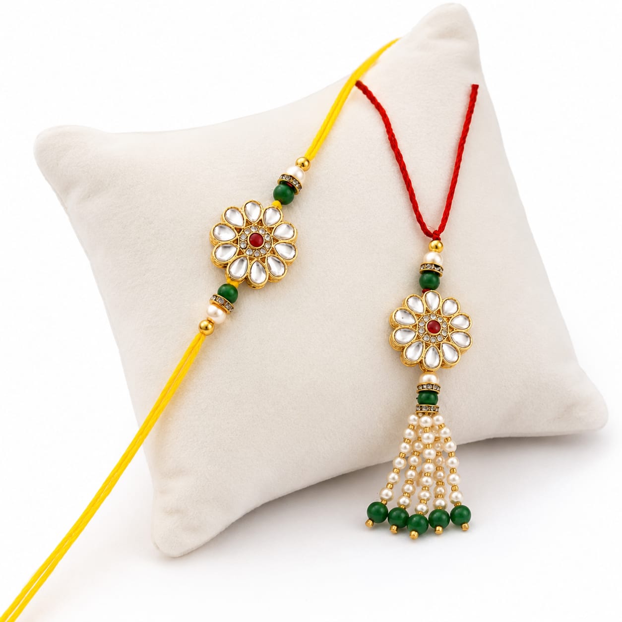 Floral Pearl Bhai Bhabhi Rakhi Set with Lumba Charm RK-124