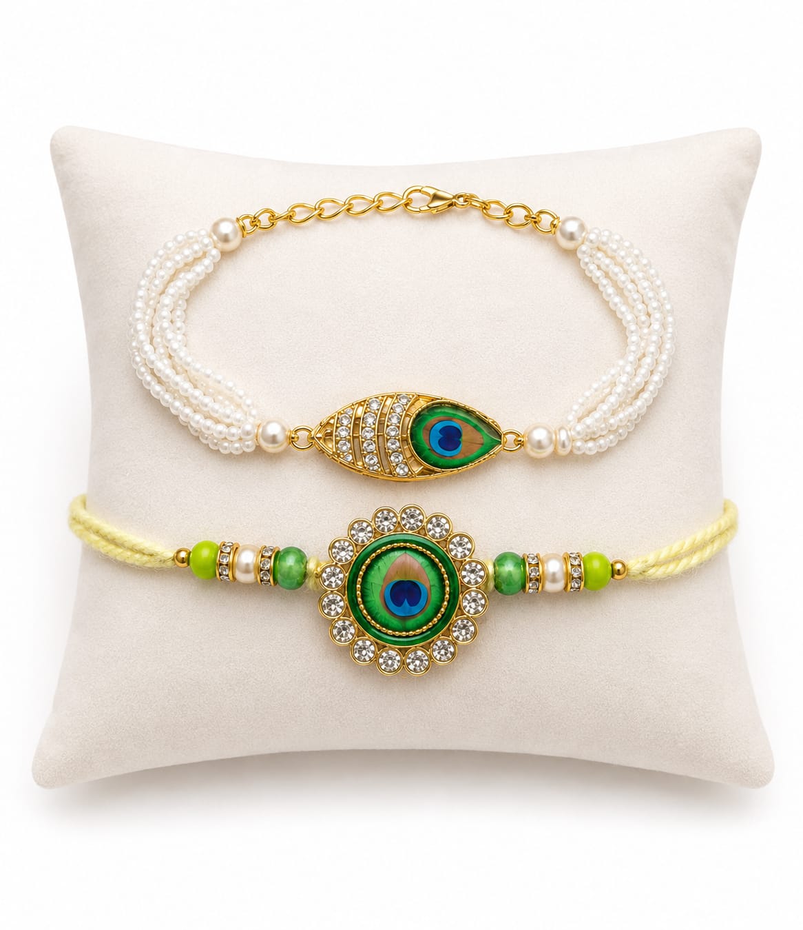 Elegant Peacock Rakhi & Pearl Bracelet Gift Set Love RK-128