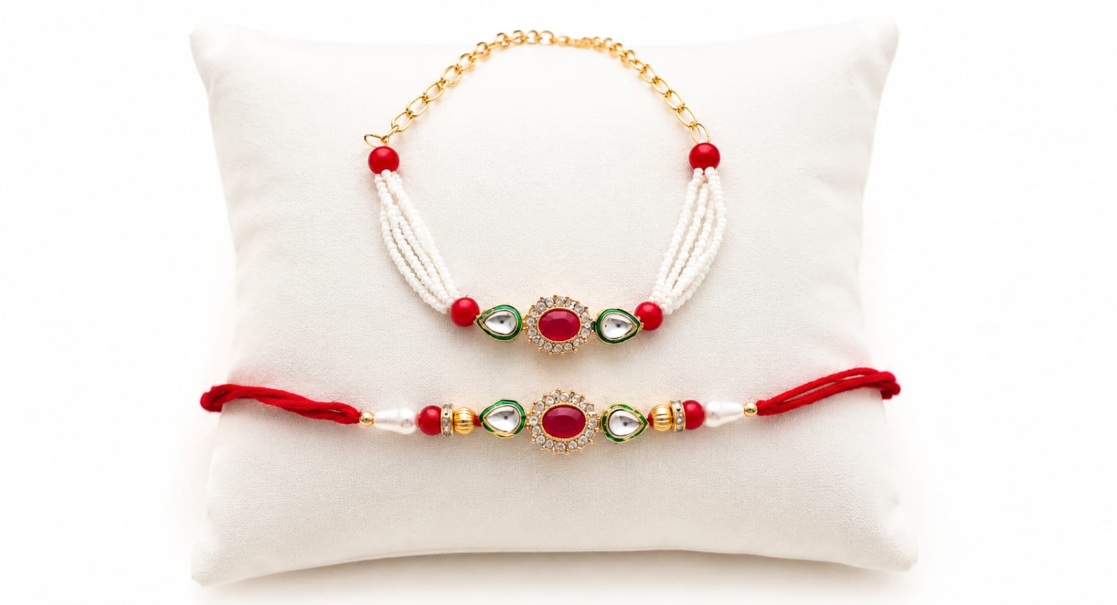 Elegant Pearl Bhai Bhabhi Rakhi Gift Set with Lumba RK-129