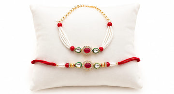 Elegant Pearl Bhai Bhabhi Rakhi Gift Set with Lumba RK-129