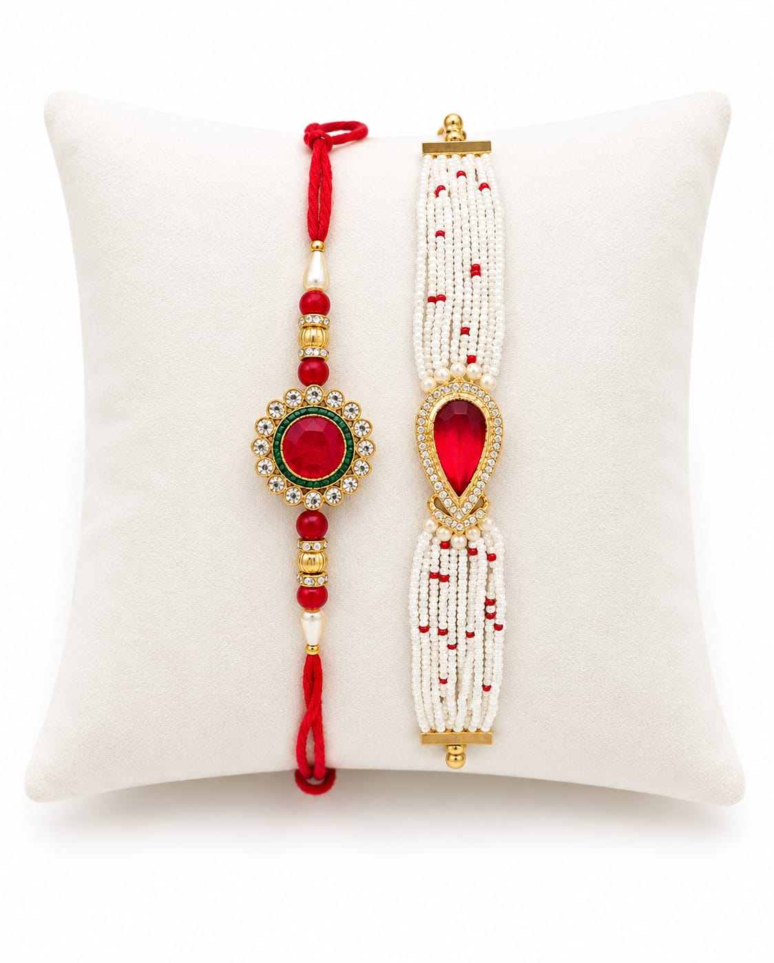 Elegant Pearl Bhai Bhabhi Rakhi Set with Red Stone RK-130
