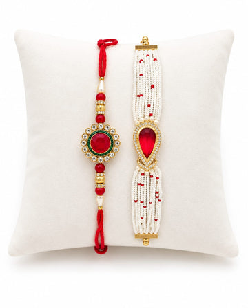 Elegant Pearl Bhai Bhabhi Rakhi Set with Red Stone RK-130
