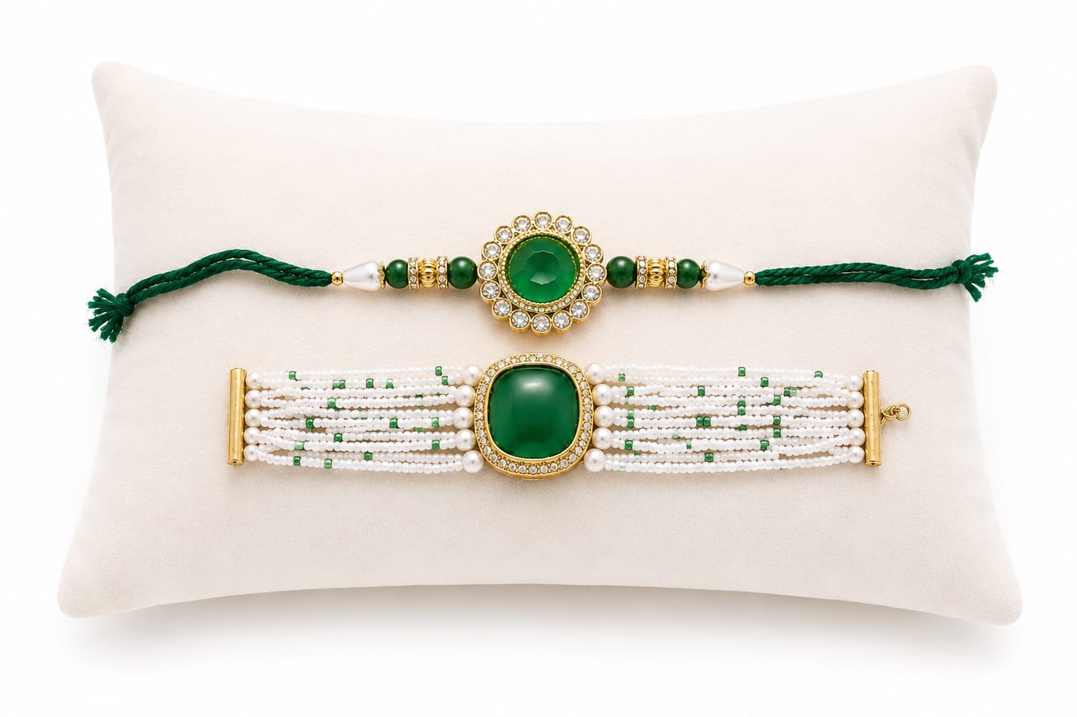 Green Stone Rakhi with Premium Pearl Beaded Bracelet Combo RK-135