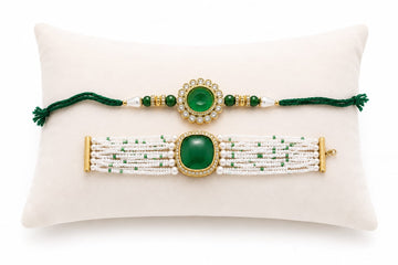 Green Stone Rakhi with Premium Pearl Beaded Bracelet Combo RK-135