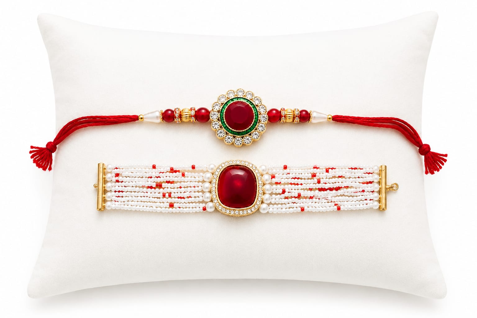 Multi-strand pearl bracelet rakhi with bold red gemstone RK-137