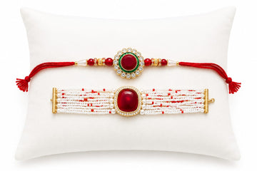 Multi-strand pearl bracelet rakhi with bold red gemstone RK-137