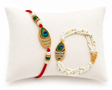Designer thread rakhi with decorative pearl and gemstone beads RK-138