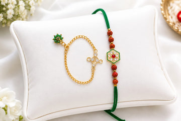 Traditional Green Rudraksha Rakhi with Elegant Gold Bracelet Set  RK-140