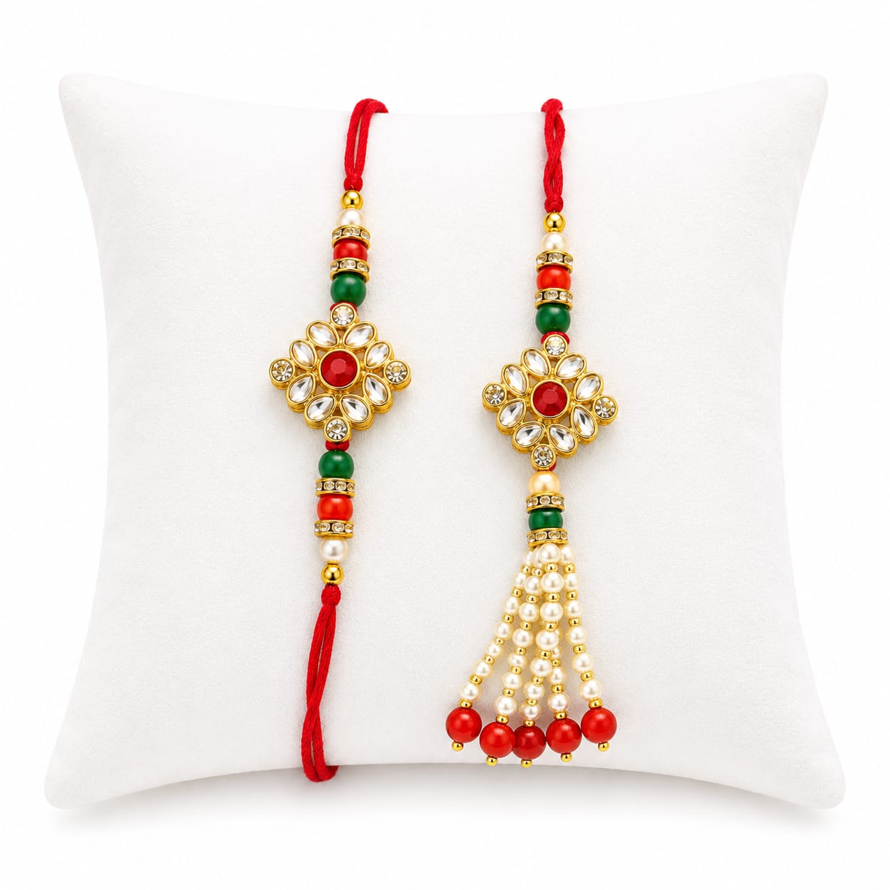 Traditional Designer Rakhi Pair with Pearl Tassel & Kundan Floral Motif RK-141