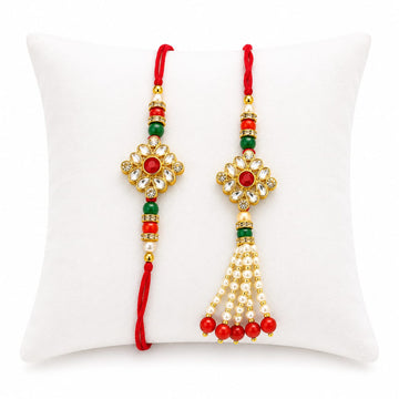 Traditional Designer Rakhi Pair with Pearl Tassel & Kundan Floral Motif RK-141