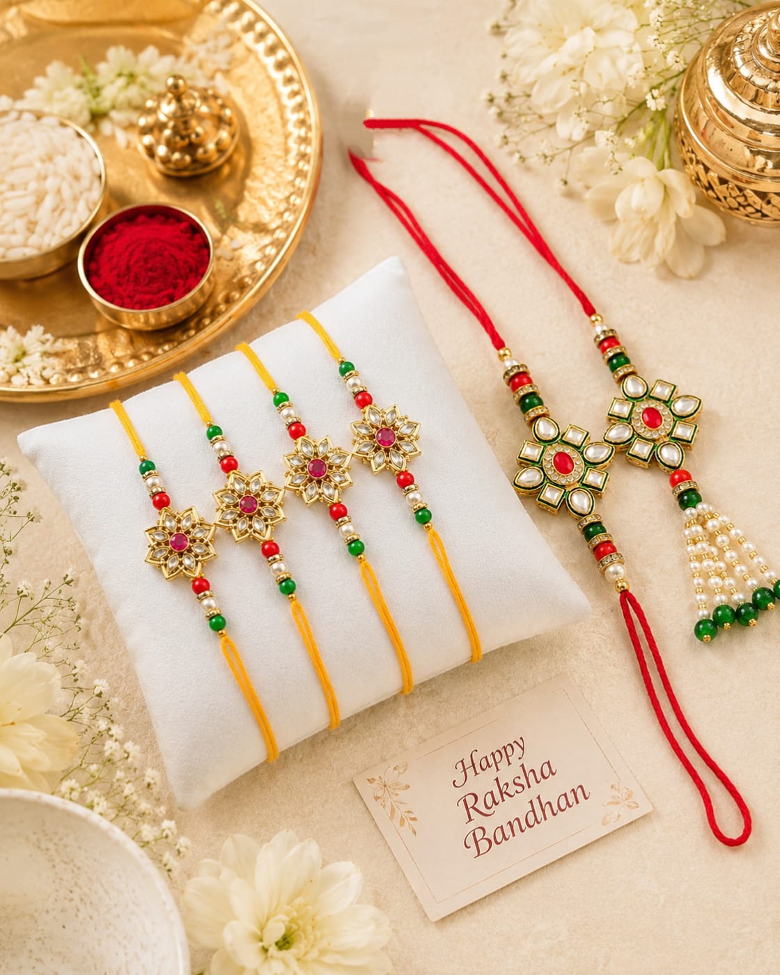 Floral Kundan Rakhi & Lumba Gift Set RK-146