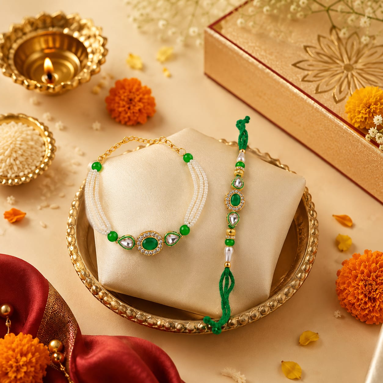 Green Kundan Bhai Bhabhi Rakhi Set RK-147