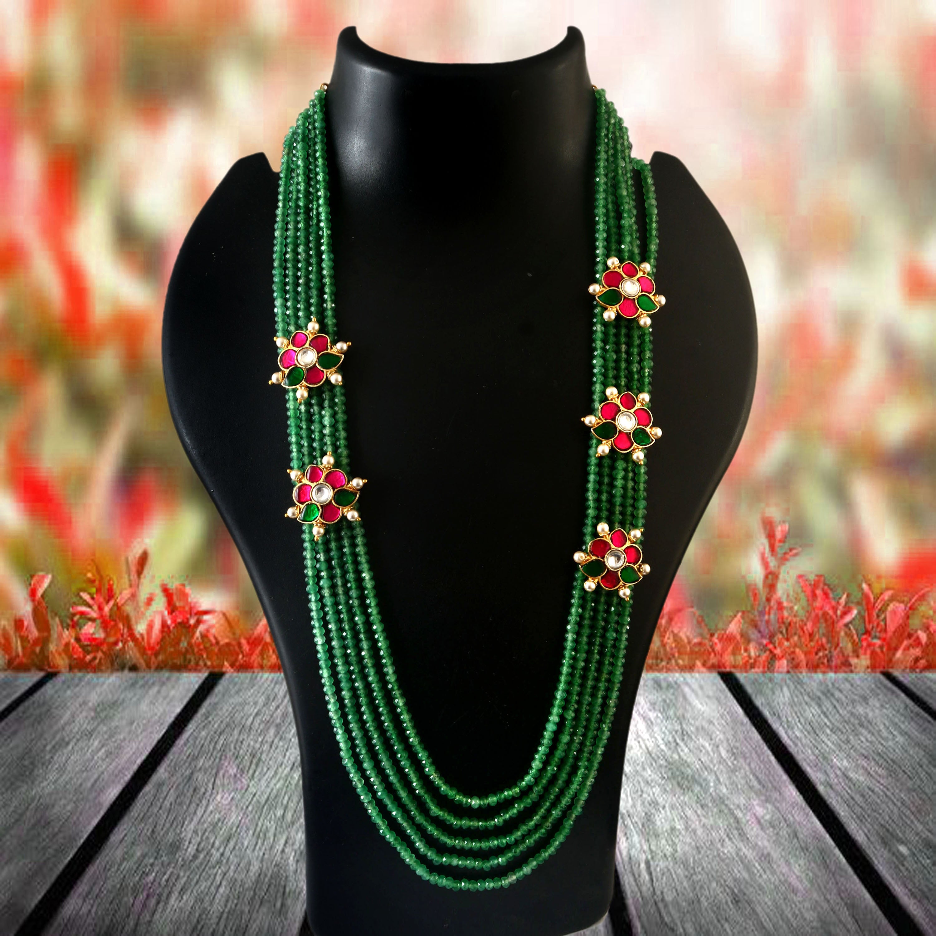 BM-123 - Jadau Kundan Beads Necklace with Emerald