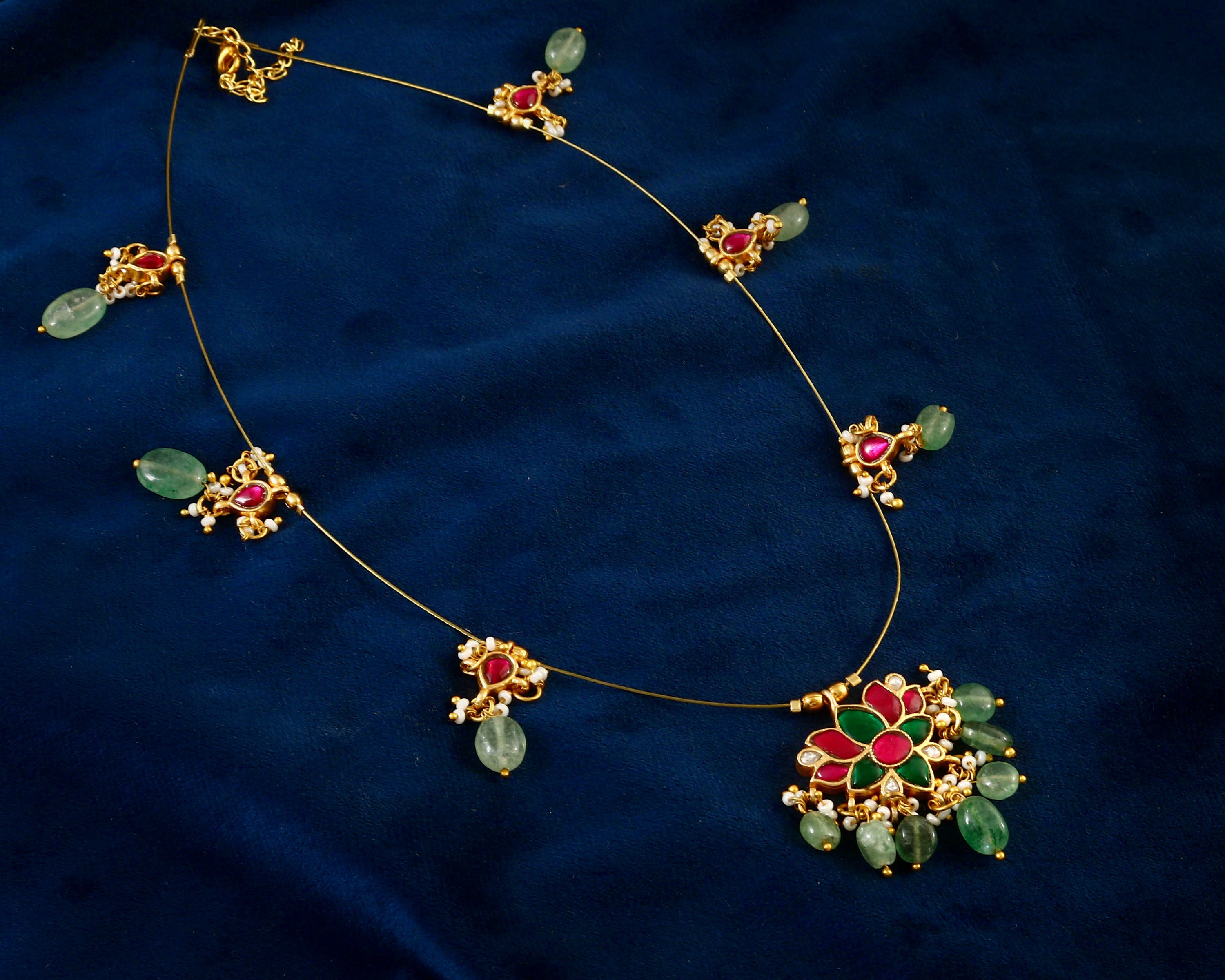 NK-102 - Rose Jadau Kundan Necklace with Red Stone and  Emerald