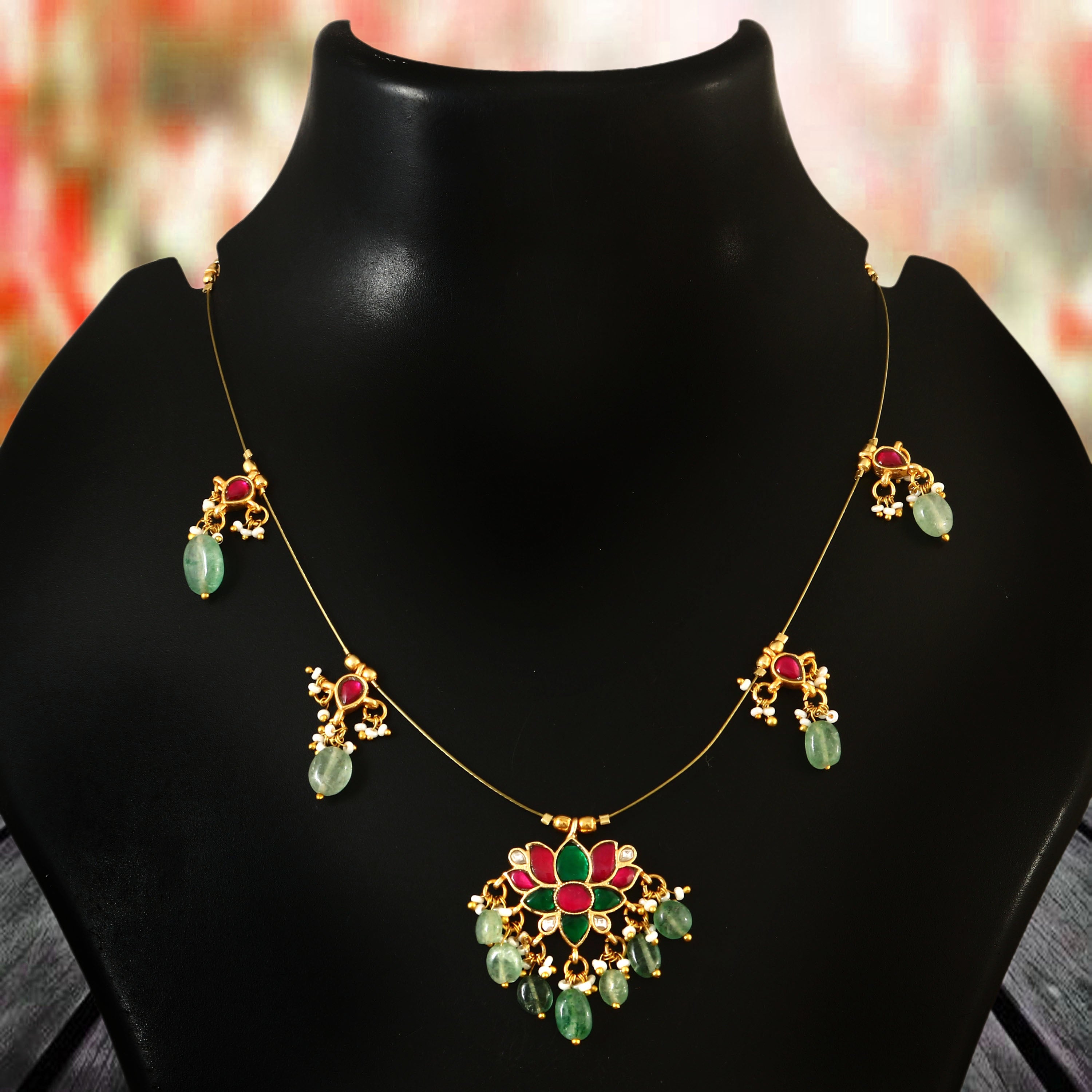 NK-102 - Rose Jadau Kundan Necklace with Red Stone and  Emerald
