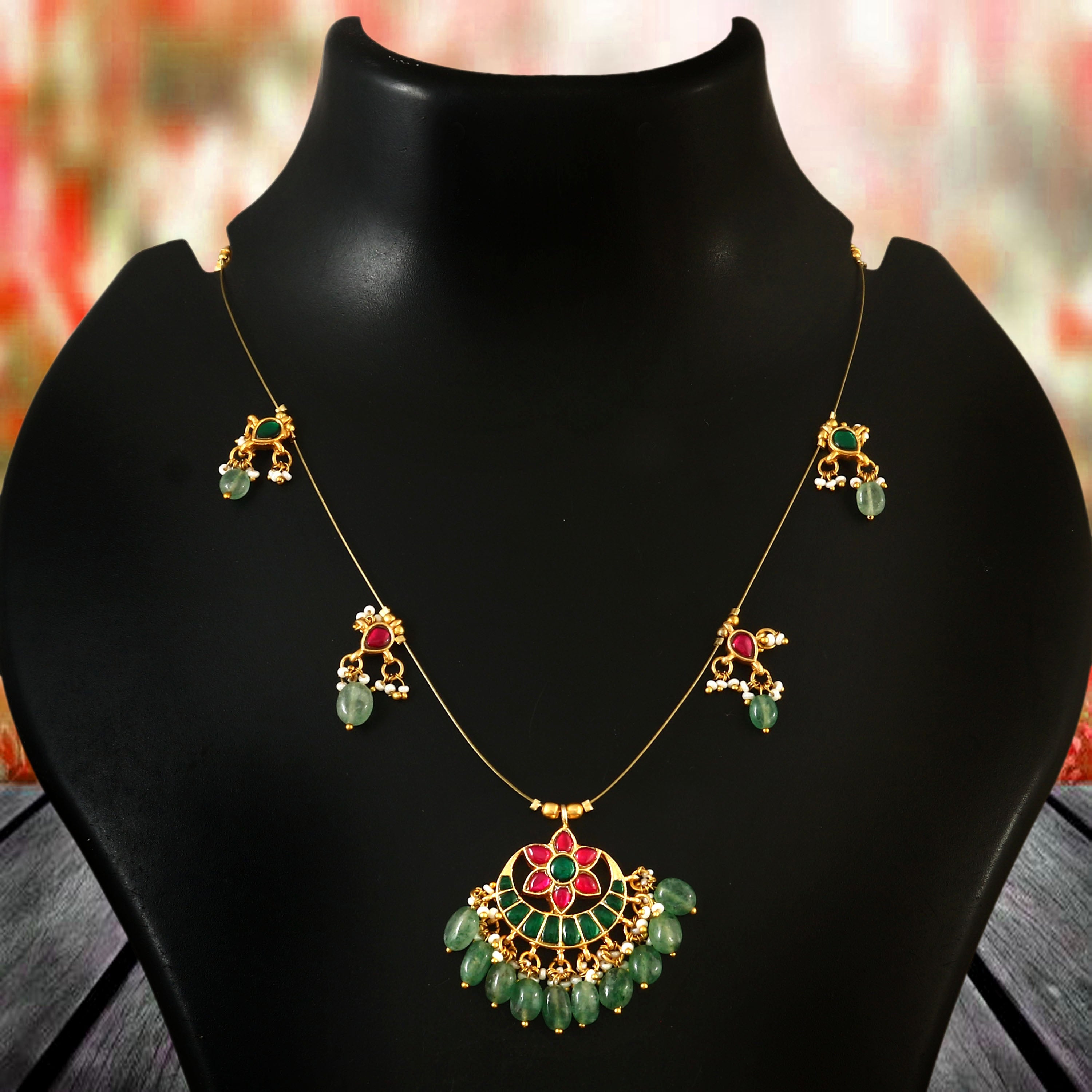 NK-103 - Moon Jadau Kundan Necklace with Red Stone and Emerald