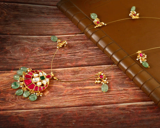 NK-105 - Moon Jadau Kundan Necklace with Red Stone and Emerald