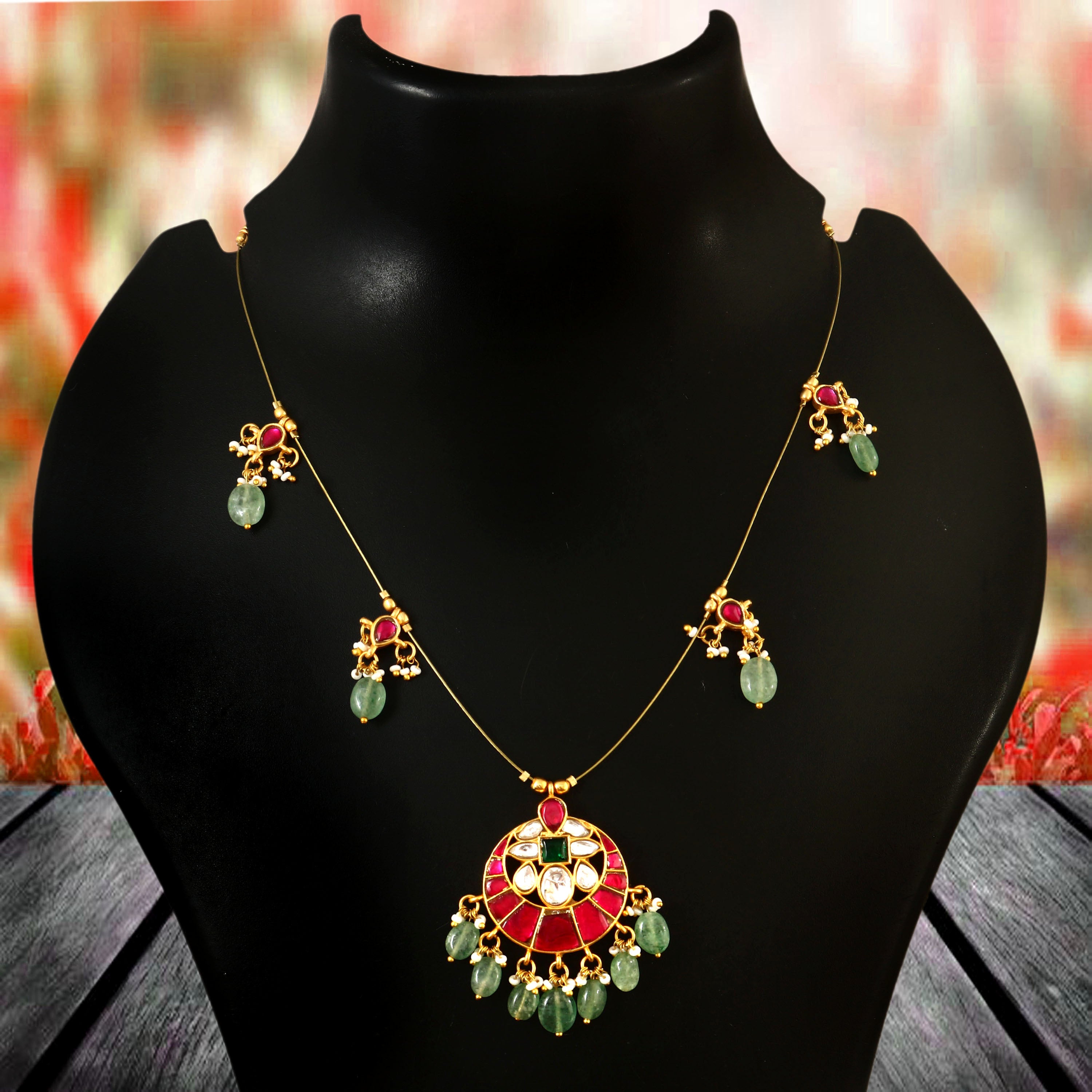 NK-105 - Moon Jadau Kundan Necklace with Red Stone and Emerald