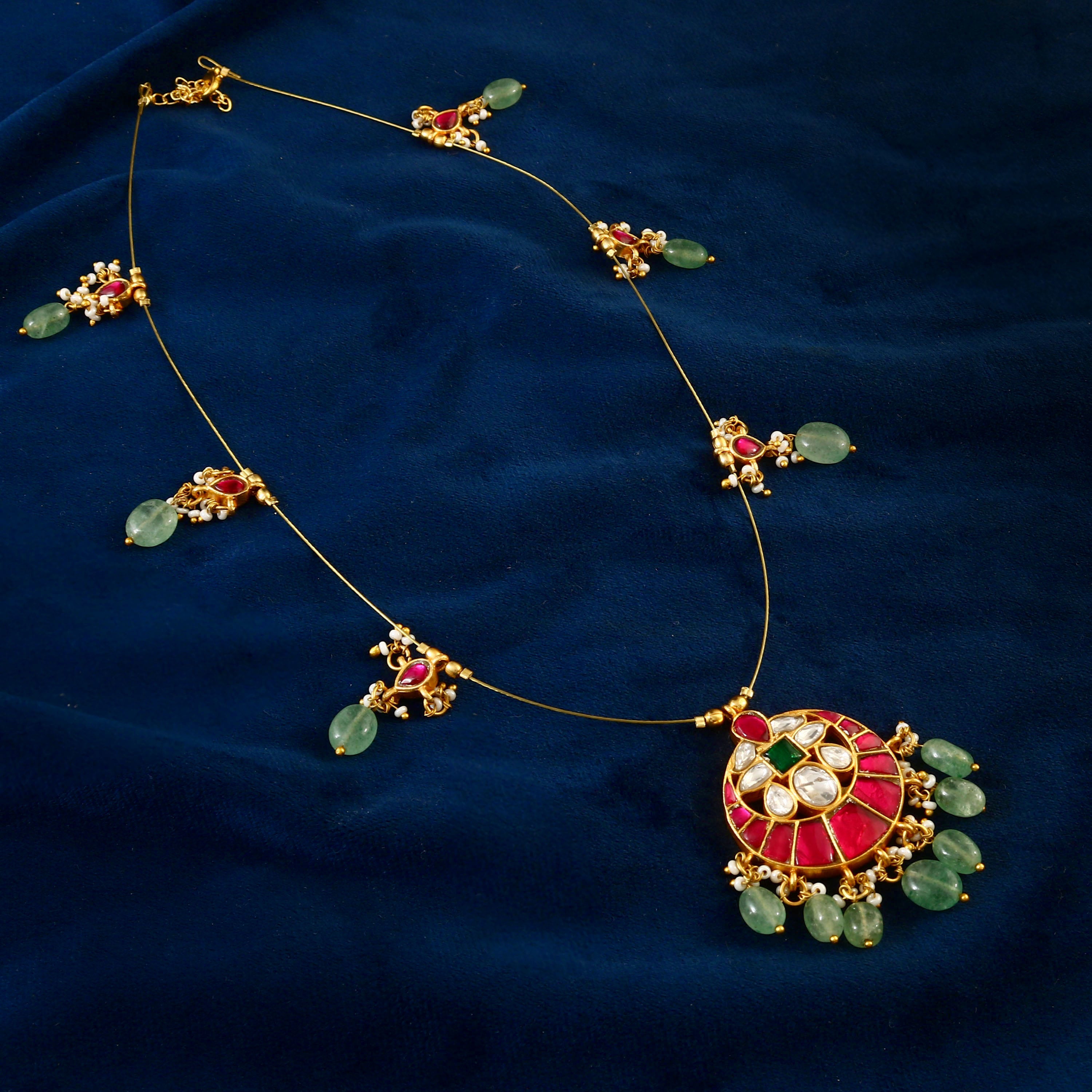 NK-105 - Moon Jadau Kundan Necklace with Red Stone and Emerald