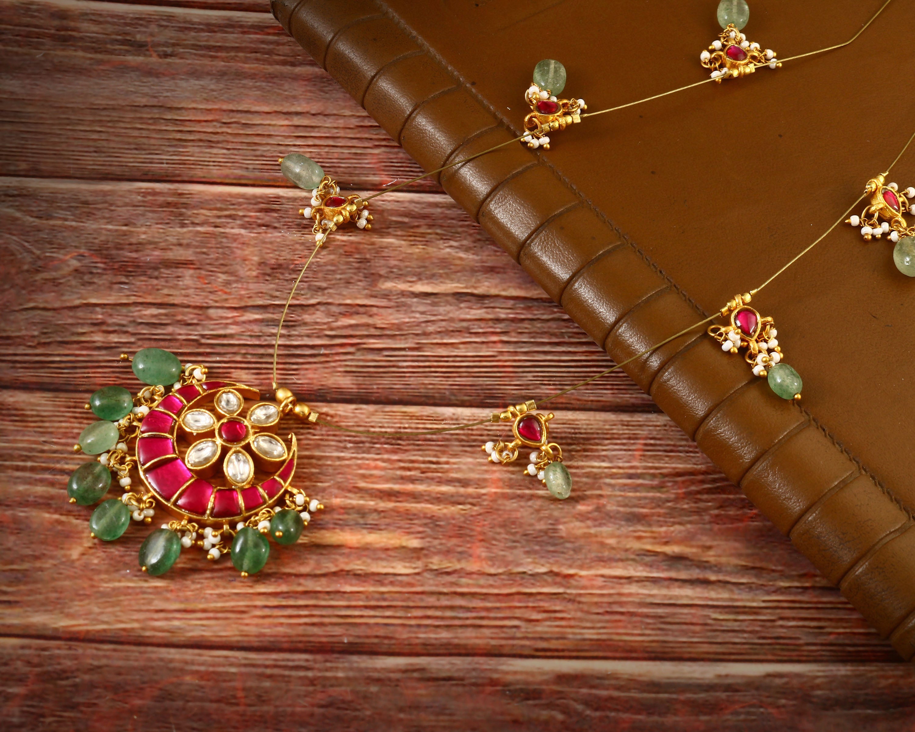 NK-110 - Five Leaves Jadau Kundan Necklace with Red Stone and Emerald