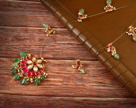 NK-110 - Five Leaves Jadau Kundan Necklace with Red Stone and Emerald