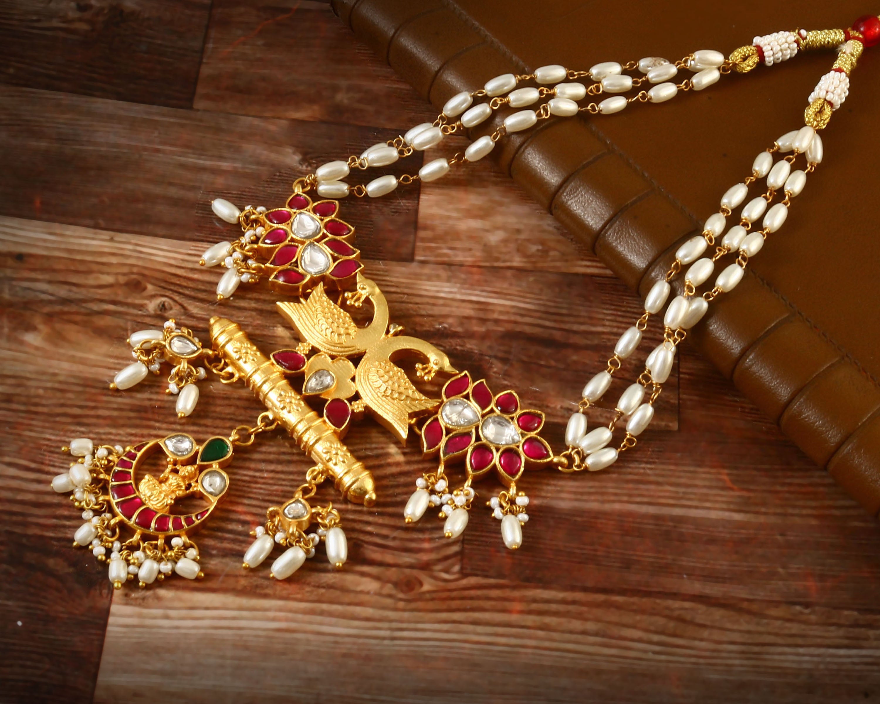 NK-115 - Mor Pankh Jadau Kundan Set with Red & White Stone