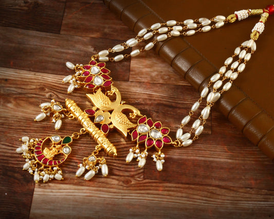 NK-115 - Mor Pankh Jadau Kundan Set with Red & White Stone