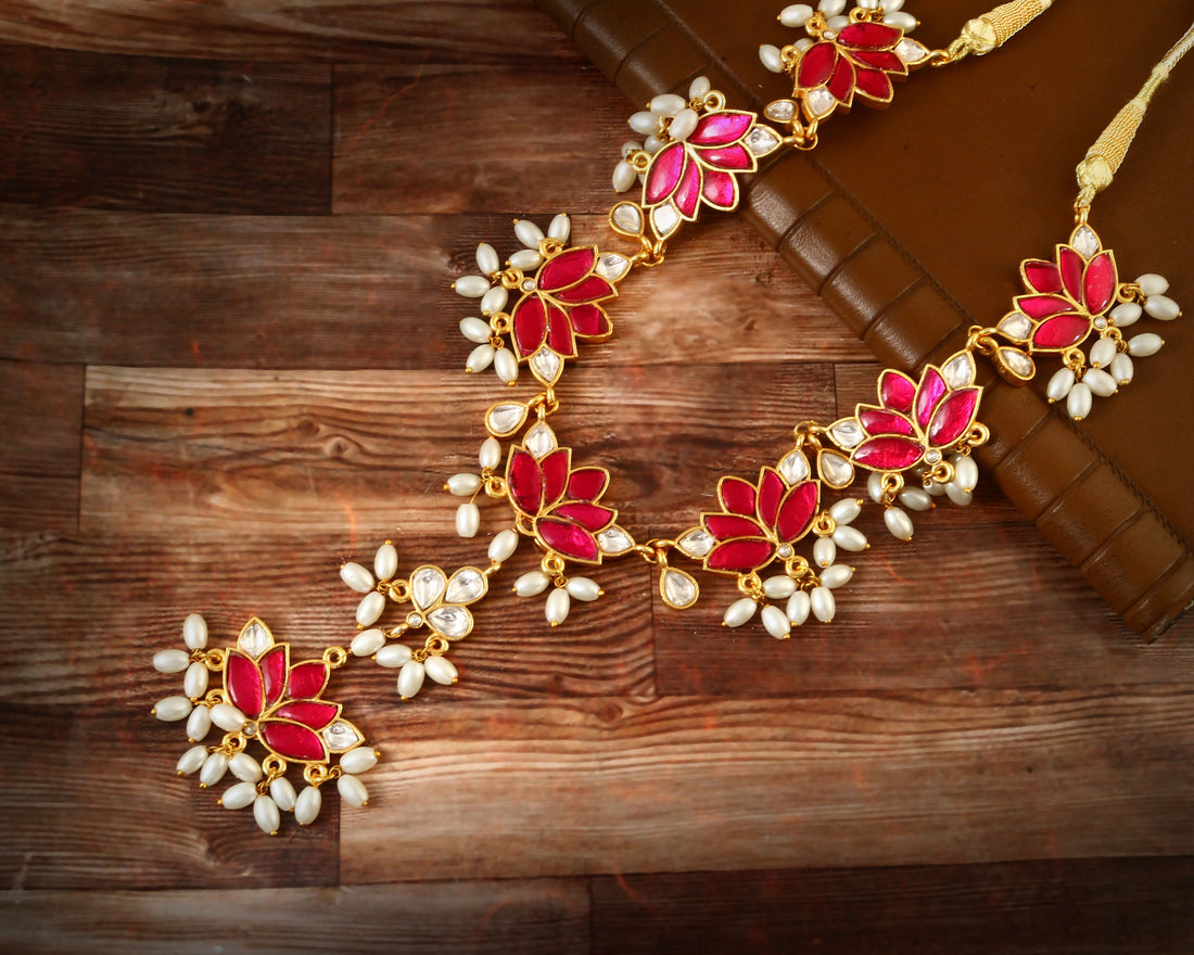 NK-118 - Red Lotus Jadau Set with White Pearls