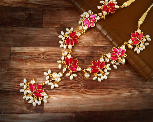 NK-118 - Red Lotus Jadau Set with White Pearls