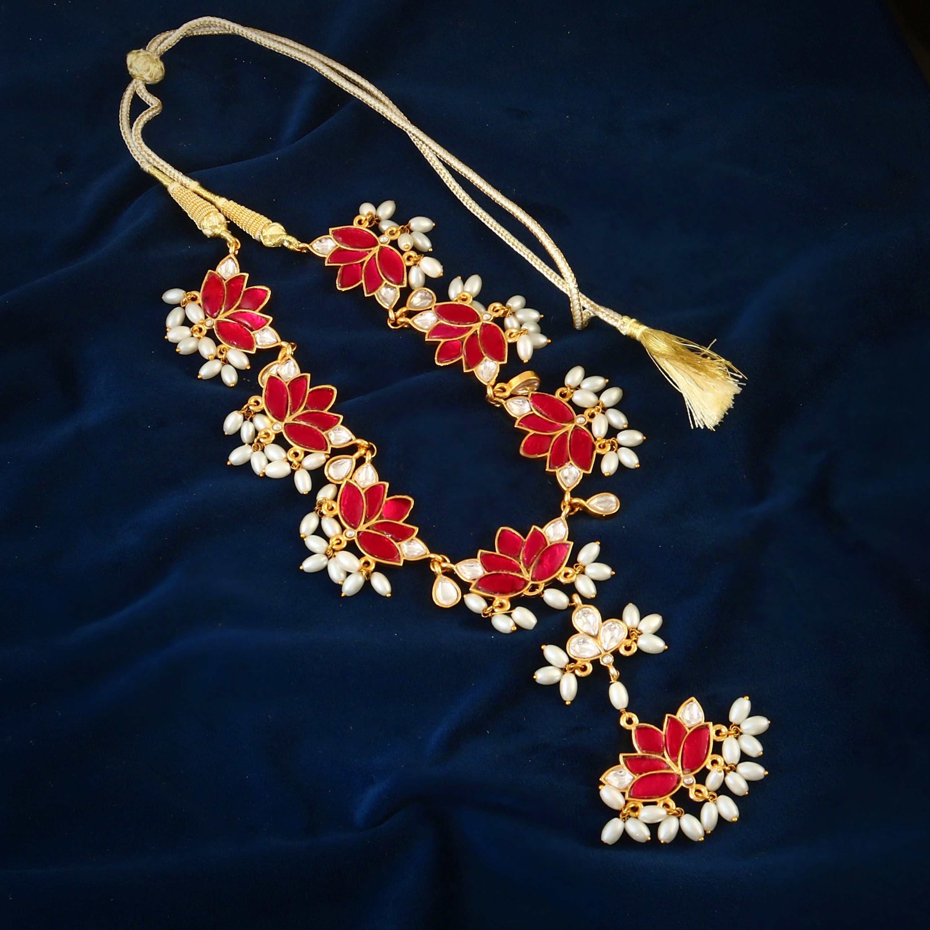 NK-118 - Red Lotus Jadau Set with White Pearls