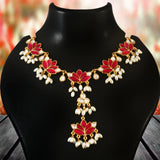 NK-118 - Red Lotus Jadau Set with White Pearls