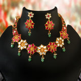 NK-140 - Red and White Jadau Kundan Set with Emerald