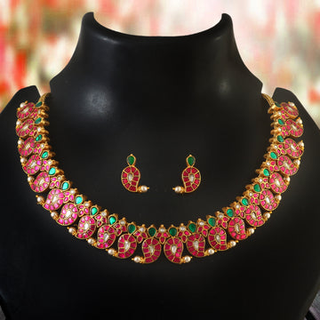 Jadau Kundan Necklace Set with Red and Green Stones for Weddings